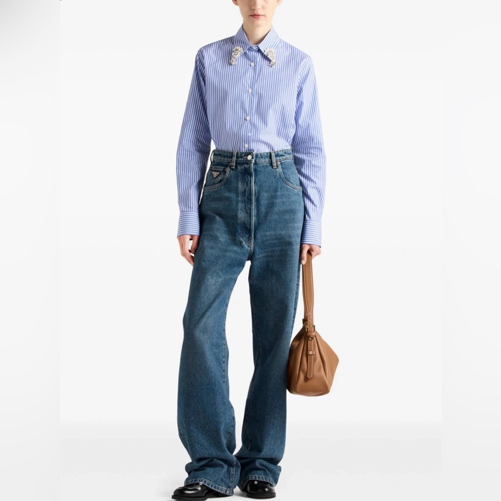 📌 NWT Prada Embroidered Stripe Poplin Shirt